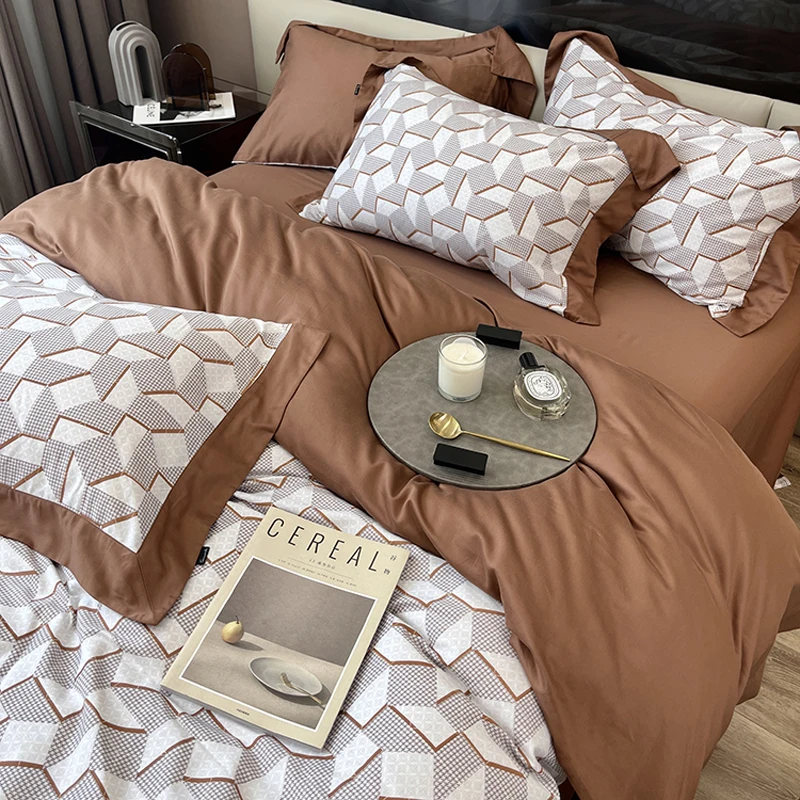 2023 naujas keturių dalių patalynės mados medvilnės dvigubai buitinių lova lapas antklodė padengti sujungimas dizaino patalynės juostele atitikimo kavos . ' - ' . 1