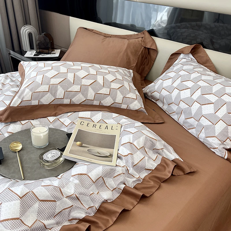 2023 naujas keturių dalių patalynės mados medvilnės dvigubai buitinių lova lapas antklodė padengti sujungimas dizaino patalynės juostele atitikimo kavos . ' - ' . 2