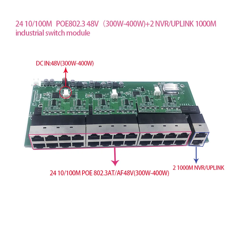 24-port 10/100M POE 48V(300W-400W) 802.3 NE/AF jungiklis su 2 1000M UPLINK NVR Uostų jungiklis modulis . ' - ' . 0