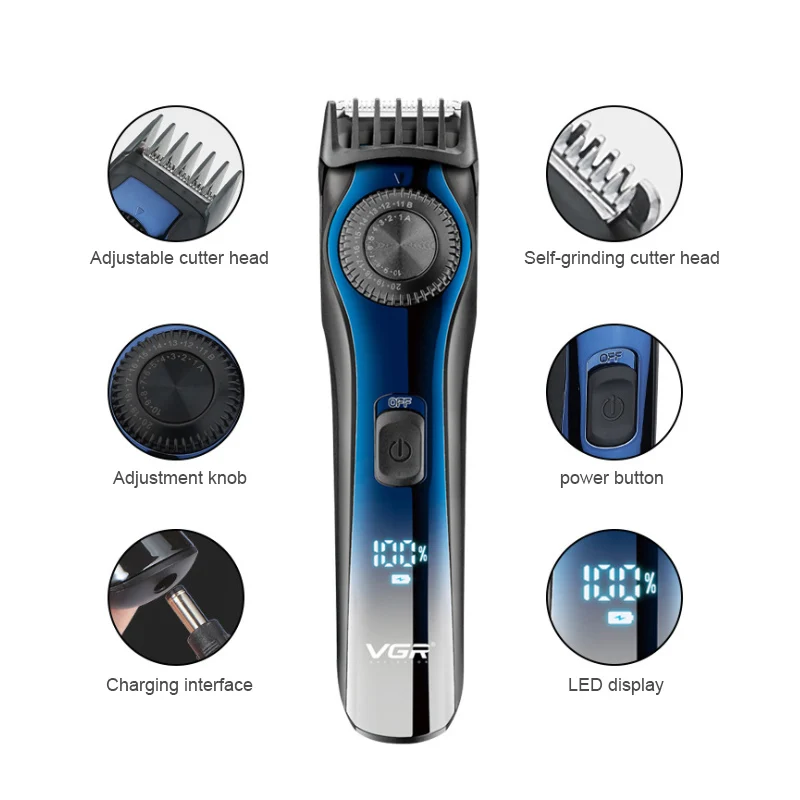 6PCS Skaitmeninis LCD Ekranas Plaukų Clipper Potenciometru Reguliuojamas 1-20mm Profesionalus Vyrų Įkraunamas Elektrinis Plaukų Pjovimo Staklės . ' - ' . 1