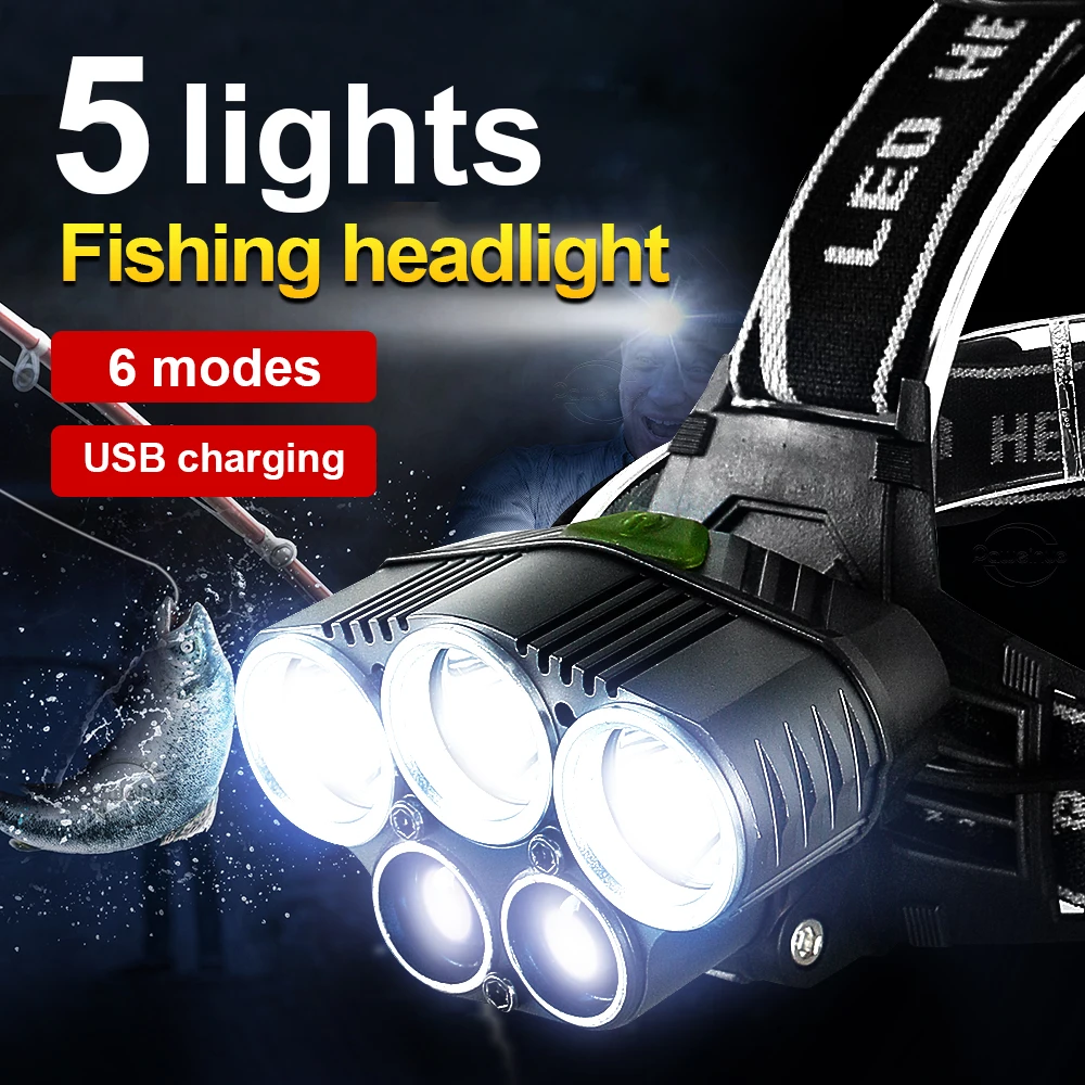 Galingas Led Žibintas T6+Q5 USB Įkrovimo Galvos Žibintuvėlis Žvejybos Mėlyna Šviesa Galvos Žibintų Dviračių Prožektorių šviesos Kempingas . ' - ' . 0