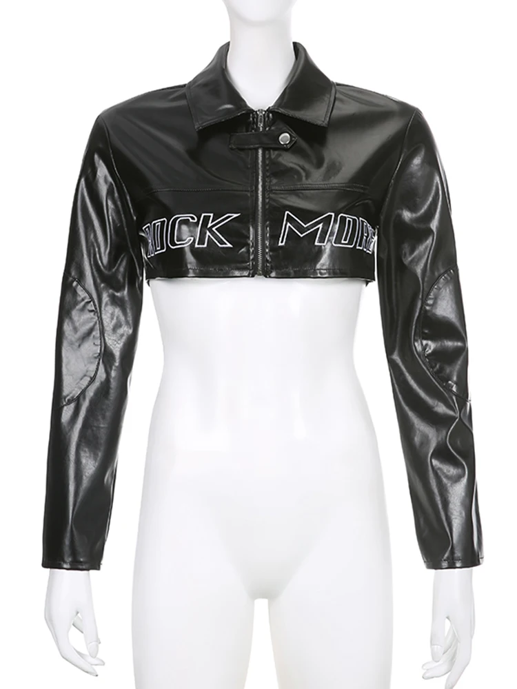 Grunge Zip-Up Black PU Odinė Striukė Streetwear Mados Moterų Laišką Siuvinėjimo Rudenį Kailis Motociklo Striukė Pasėlių 2023 . ' - ' . 5