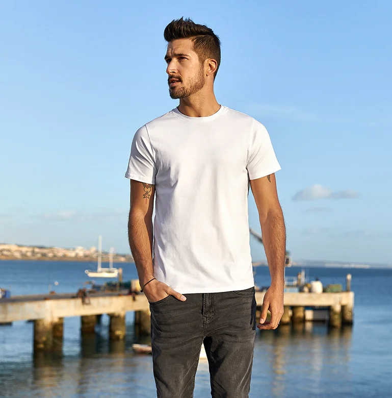 J1285 vyriški trumpi rankovėmis marškinėliai vasaros vyriški slim fit vyriški balta apvali kaklo vientisos spalvos dugnu marškinėliai . ' - ' . 0