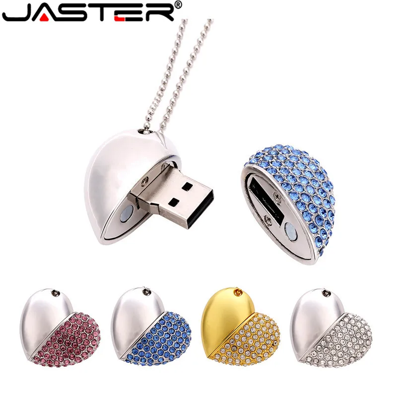 JASTER USB Flash Drive, Krištolo ir Deimantų Širdies formos Grandinės Sustabdymo Ratai 64GB Pink32GB Aukso Karoliai Memory Stick Atostogų Dovanų . ' - ' . 0