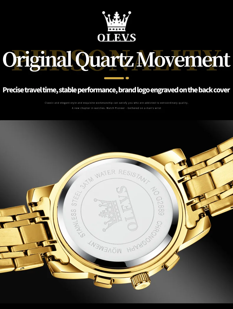 OLEVS 2889 vyriški Laikrodžiai Daugiafunkciniai Originalaus Kvarcinio Žiūrėti Žmogui Vandeniui Nerūdijančio Plieno Šviesos Chronograph Mėnulio Fazė . ' - ' . 2