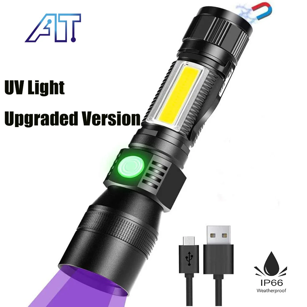 UV Žibintuvėlis su Uodega Magnetas USB Įkrovimo Zoom Žibintuvėlis T6 COB Žibintuvėlis Šviesos 7 Režimai Kempingas Ultravioletinių Mažas Žibintuvėlis . ' - ' . 0