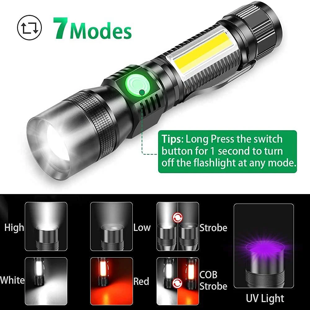 UV Žibintuvėlis su Uodega Magnetas USB Įkrovimo Zoom Žibintuvėlis T6 COB Žibintuvėlis Šviesos 7 Režimai Kempingas Ultravioletinių Mažas Žibintuvėlis . ' - ' . 2