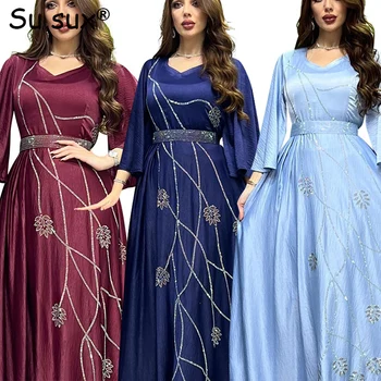 Turkijos Musulmonų Abayas Suknelės Moterims 2023 Afrikos Drabužius Diamsonds Dubajus Blyksnius Rankovėmis V-Kaklo Maxi Suknelė Skraiste, Artimųjų Rytų Dalis