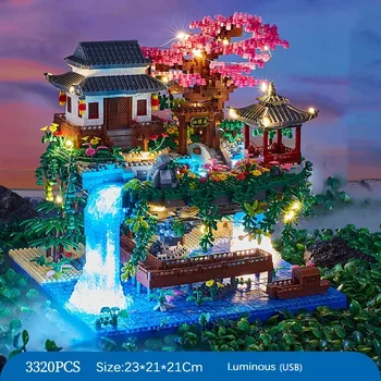 3320pcs Kinų Architektūros Peach Tree House Krioklys, Upė, Statyba Blokai Mini Diamond su Šviesos Plytų Žaislas Vaikams Dovanos