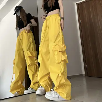 Moterų Harajuku Parašiutu Kelnes korėjos Elegantiškos Plačios Kojos Kelnės BF Stiliaus Hip-Hop Streetwear Didelis Kišenės Krovinių Kelnės