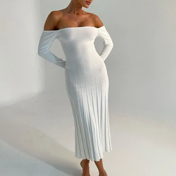 Baltos spalvos Elegantiškas Plisuotos Megztinis Suknelė Moterų Mados, nuo Peties Slim Ilgai Megzti Suknelę Rudenį, Žiemą Šalis Komplektus 2023
