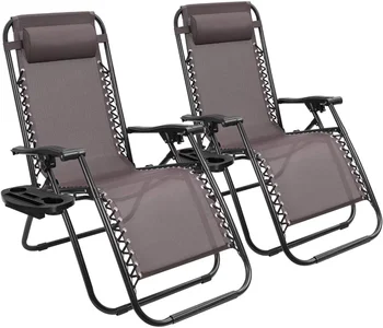 2 Gabalus, Rudos spalvos Kiemo Zero Gravity Chair Stovykla Sėdima Lounge Kėdės Lauko Poilsio Kiemo Kėdės su Reguliuojama Pagalvė