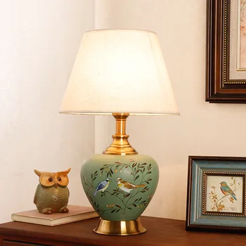 Klasikinės Paprasta Keramikos Stalo Lempa Kinijos Ranka-Dažytos Gėlių, Paukščių Žalia Miegamojo, Svetainės Apdailos LED E27 Stalo Apšvietimas