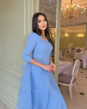 Vintage Blue Ilgomis Rankovėmis Šalis Suknelės Kvadratinių Kaklo Lentjuostės Kulkšnies Ilgis Saudo Arabija Oficialus Vakarinę Suknelę