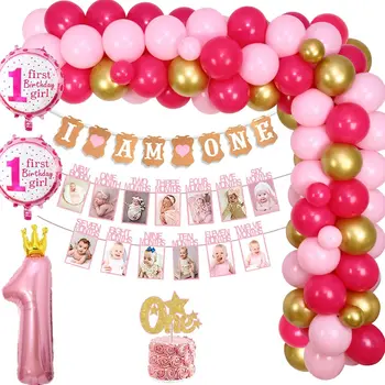 Rožinė Princesė 1-ojo Gimtadienio Dekoracijas, Rožinė Aukso Balionas Arch Rinkinys Baby Girl 1-ojo Gimtadienio Foto Reklama Skaičius 1 Folija Balionai