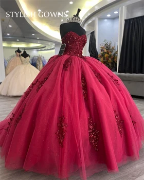 Rožinė Quinceanera Suknelės Meksikos Brangioji, Uždusęs Kamuolys Chalatai Zawalcowany Aplikacijos Prabanga Saldus 16 Vestidos De XV Anos