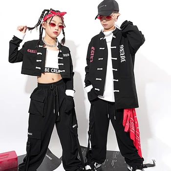 2023 Naujas Kinų Stiliaus Juoda Laisvi Drabužiai Mergaitėms Džiazo Šokio Kostiumai Berniukams, Hip-Hop Šokio Spektaklis Etape Drabužius DQS11556