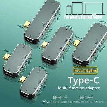 Multi-funkcija 6 1 Tipas-C Hub 3.55 mm Audio PD100W USB3.0/USB2.0/USB3.1 HDMI-USB Extender Telefoną, Nešiojamąjį kompiuterį 