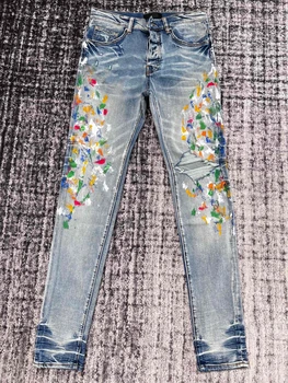 splash-rašalo jeans vyriški slim mažas-koja kelnės keturis sezonus banga grafiti gražus mados tendencija elastinės kelnės