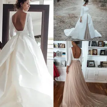Plus Size Šalies Vestuvių Suknelės, su Nuimamu Traukinio 2021 ilgomis Rankovėmis Dėmių Blush Šampano Tiulio Backless Nuotakos Suknelė