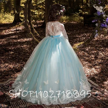2022 Mėlyna Gėlių Mergaičių Suknelės Ilgomis Rankovėmis, Tiulio, Nėrinių Butterflys Kamuolys Suknelė Elegantiškas O-Kaklo Vestidos De Novia Gimtadienio Suknelė