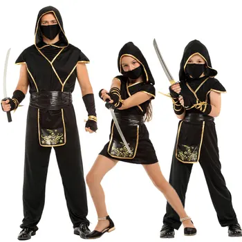 Umorden Halloween Kostiumai Vaikų Vaikų Suaugusiųjų Mistinis Juodojo Aukso Ninja Kostiumas Japonijos Samurajų Cosplay Berniukų, Mergaičių Vyrai