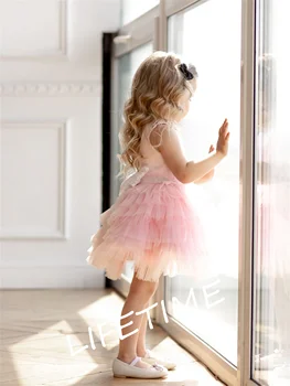 Pink Girl Dress Vestuvės Dress Sluoksnių Sijonas, Lankas, Vaikas Vaikui Šalis Suknelė Gimtadienio Dovana Reljefiniai Princesė Suknelė Gėlių Mergaitės Suknelė