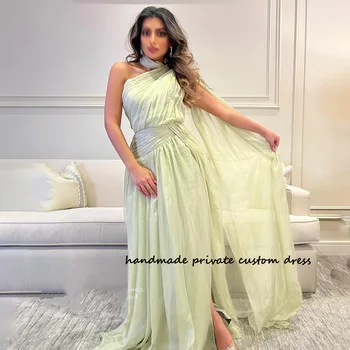 Žalia Organza Vieną Petį Vakaro Suknelės Pusės Split Saudo arabų Prom Šalis Suknelė su Žaliuoju Ilgai Dubajaus Moterų Oficialią Chalatai