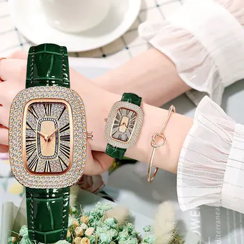 Prabangių Mados Žaliosios Laikrodžiai Moterims Savybės, Deimantų Dygliuotos Kvarco Žiūrėti Ponios Odos Elegantiškas Laikrodis Montre Femme Laikrodis