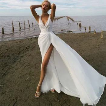 Moterų Vasaros Paplūdimio Vestuvių Suknelės, V Kaklo Atgal Padalinta Priekinės Linijos Sexy Nuotakos Suknelė Nėriniais, Šifono Bohemijos Vestuvių Suknelės 2021
