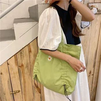 Žalia išsiuvinėti mažai daisy pečių maišą literatūros studentė drobė maišelis mergina rankinėje bakalėjos pirkinių krepšys audinys tote bag
