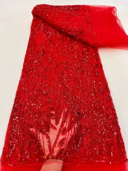 2023 Aukštos Kokybės Raudona Afrikos Nėrinių Audinio Prancūzijos China Siuvinėti Prabangus Baltos Puošnios Nėrinių Audinio 5 Metrų Vestuvinė Suknelė