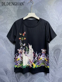DLDENGHAN Pavasarį, Vasarą Moterys T-Shirt O-Kaklo trumpomis Rankovėmis Duobute Gėlių Spausdinti High Street Tees Mados kilimo ir tūpimo Tako Naujas