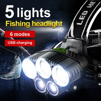 Galingas Led Žibintas T6+Q5 USB Įkrovimo Galvos Žibintuvėlis Žvejybos Mėlyna Šviesa Galvos Žibintų Dviračių Prožektorių šviesos Kempingas