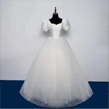 Paprasta Moterų Vestuvių Suknelės, Dėmių Ir Tiulio Nuotakos Suknelė Grindų-Ilgis-Line Trumpas Rankovės Vestido De Novia