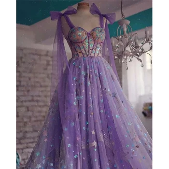 2023 Violetinė Žavingas Tiulio Prom Dresses Ilgai-Line Bow Dirželiai Blizgučiai Brangioji Šalis, Chalatai Užsakymą Vestidos De Gala Skraiste