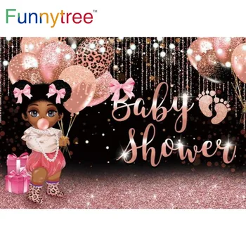 Funnytree Baby Shower Rožinės Spalvos Blizgučiai Fone Pėdsaką, Balionai, Dovanų, Leopardas Spausdinimui Rose Gold Bokeh Lėlės Photobooth Fone