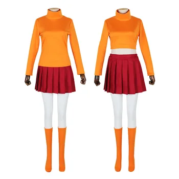 Anime Velma Cosplay Kostiumų Filmo Personažas Scoloby-Dool Orange Vienodas Helovinas Kostiumas Moterims, Merginoms Šalies Kostiumų Perukas