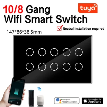 Tuya 10/8Gang Wifi Smart Touch Šviesos Sienos Jungiklis, Stiklo Skydelis Tuya Programą, Suderinamą su Alexa, Google, Namų visa vidaus kontrolę