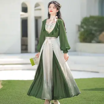 2023 Vasaros Originalus Elegantiškas Šifono Žalia Gėlių Spausdinti Hanfu Suknelė 4pcs Moterų Pagerino Kinijos Šiuolaikinių Pasakų Šalis Suknelės